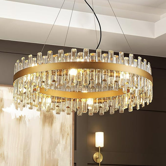 31.9" Gold Modern Crystal Chandelier Light Fixtures Luxury 2 Rings Crystal Chandeliers for Dining Room 16-Light Round Hanging Pendant Lighting for Living Room Kitchen Island Entryway Bedroom