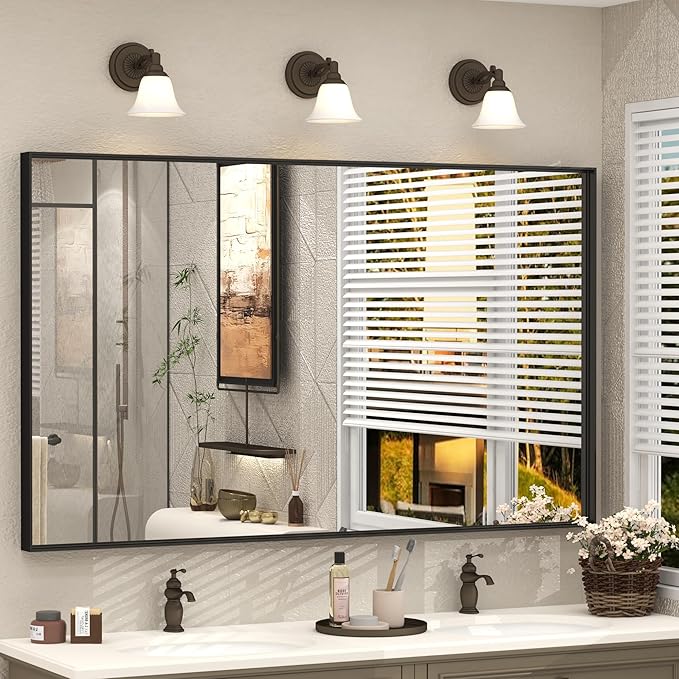 60x36 Inch Black Metal Framed Bathroom Mirror for Wall, Large Rectangle Mirror, Matte Black Bathroom Vanity Mirror, Anti-Rust, Square Corner, Shatterproof, Hangs Horizontally or Vertically