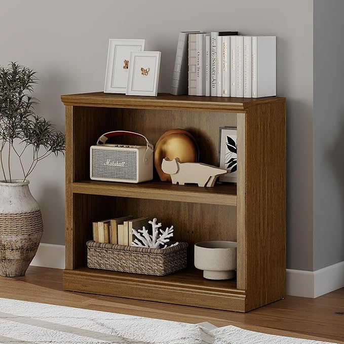 Bookcase, 2 Tiers S Bookshelf Open Storage Organization, Floor Standing Indoor Furniture Book Case for Library Office Living Room Bedroom, Vintage Oak - 2 Tier