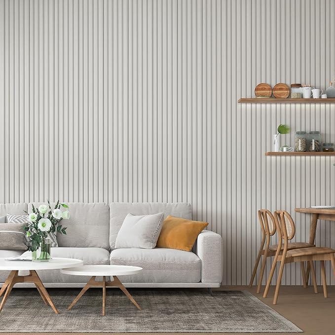 Art3d 8 Pack 96" x 6" WPC Slat Wall Panels, 3D Fluted Panel for Interior Wall Decor, TV Background, Bedroom, Living Room - Off-White