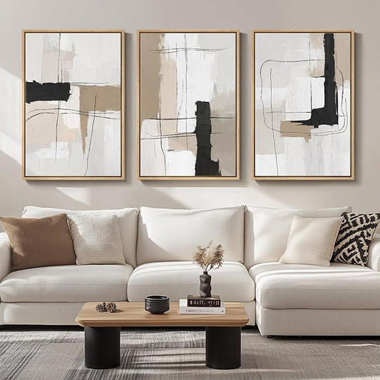 Large Framed Neutral Abstract Wall Art for Living Room, Set of 3 Modern Black and White Beige Canvas Prints Paintings Artwork for Walls, Minimalist Pictures for Bedroom Hallway Wall Decor 24x36 In