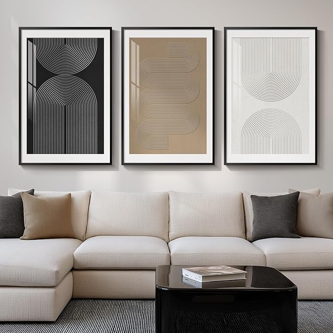 Large Framed Boho Neutral Abstract Wall Art for Living Room, 3 Piece Black White Brown Prints Paintings Artwork for Walls, Modern Minimalist Geometric Pictures for Hallway Office Wall Decor 24x36 In
