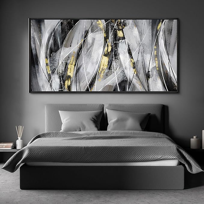 KLAKLA Abstract Frame Wall Art - Black and White Picture for Living Room Black and Gold Framed Artwork Canvas Art Work for Office Home Decor Bedroom Wall Decoration - 58x29 Inches