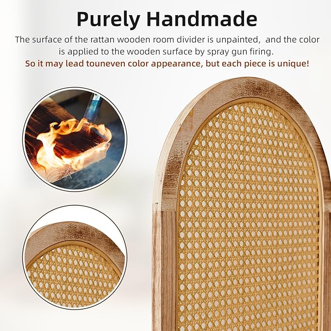 6 Panels Room Divider, Foldable Wooden Room Divider, Individual Privacy Screen Made of Hand-Woven Rattan, Portable Wall Divider for Home Office Bedroom Bathroom Dressing Room (Natural)
