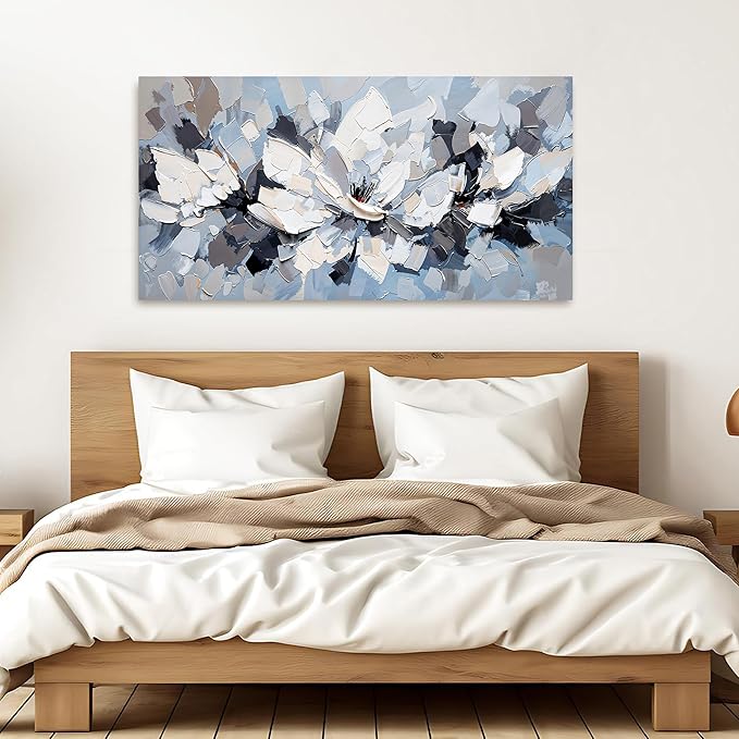Canvas Wall Art Decor Modern White Wall Art for Living Room Abstract Canvas Art Wall Decor Flower Pictures Abstract Blue Wall Art Prints Artwork for Walls Bedroom Office Home Decor 20" X 40"