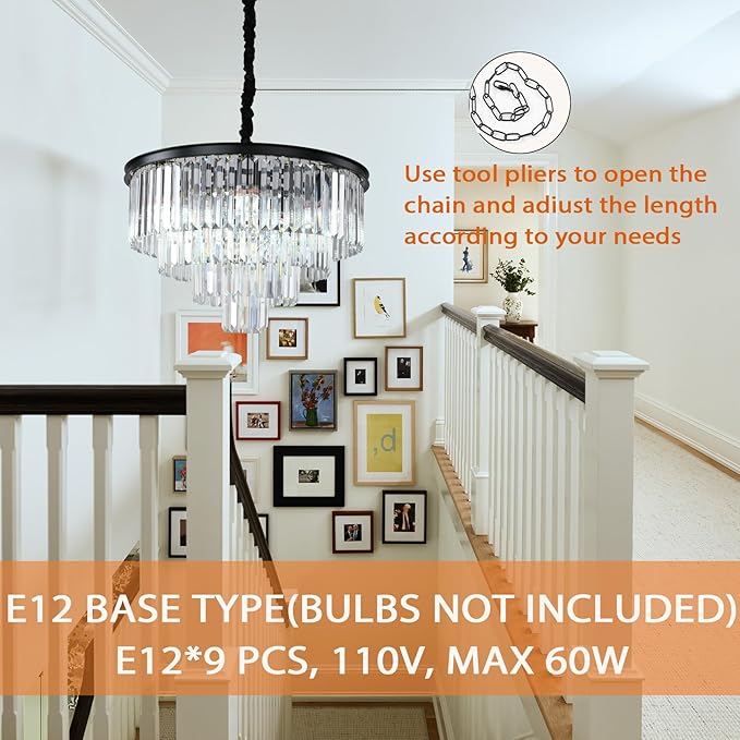 Black Modern Crystal Chandelier Lighting K9 Crystal Round Chandelier Hanging Ceiling Light Fixture 4-Tier Contemporary Crystal Pendant Light for Dining Room Living Room Bedroom 23.6inch