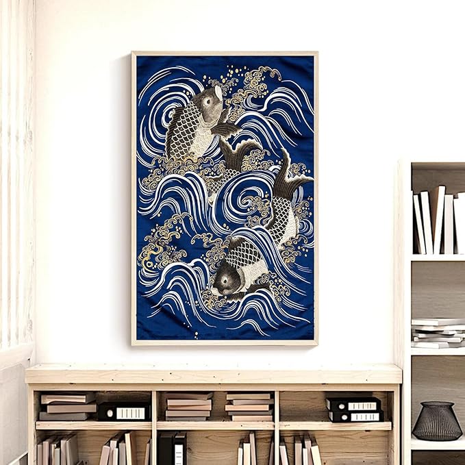 OZCONO Japanese Koi Fish Wall Art Print, Traditional Wave Pattern, Navy Blue and Gold, Unframed Gallery Quality (14L x 11W)