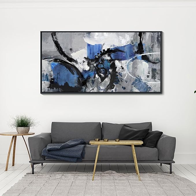 Blue Abstract Wall Art - Large Canvas Wall Art in Navy Blue and Black, Framed Gray Artwork for Living Room, Bedroom, and Office Decorations for Work - Modern Wall Decor and Pictures 30×60IN