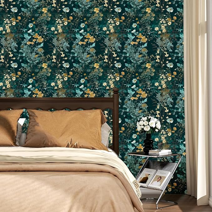 Blue Floral Peel and Stick Wallpaper Boho Leaf Contact Paper Dark Watercolor Removable Self Adhesive Waterproof Wall Paper for Cabinet Drawers Wall Decor Renter Friendly 17.5''x393''