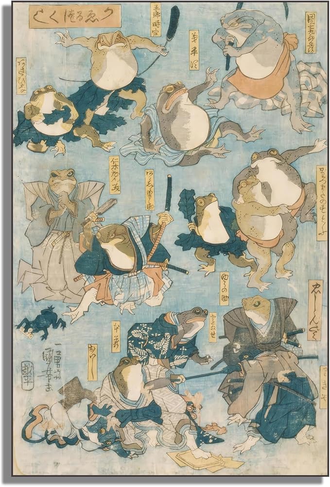 OKRA Utagawa Kuniyoshi Canvas Wall Art Famous Heroes Played By Frogs Poster Japanese Ukiyo-E Woodcut Art Animal Nature Landscape Poster Japanese Classic Wall Decor Unframed 16×24in/40×60cm