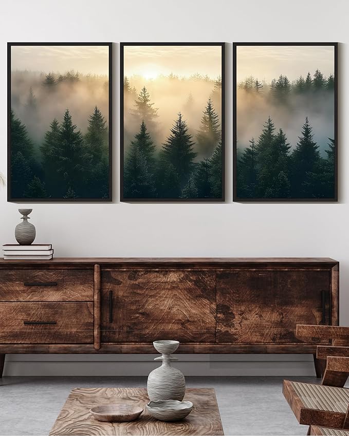 KUVIOKE Sun Dawn Fog Pine Tree Framed Wall Art Morden Nature Nordic Forests Artwork Home Decor 16x24in (Black Framed)