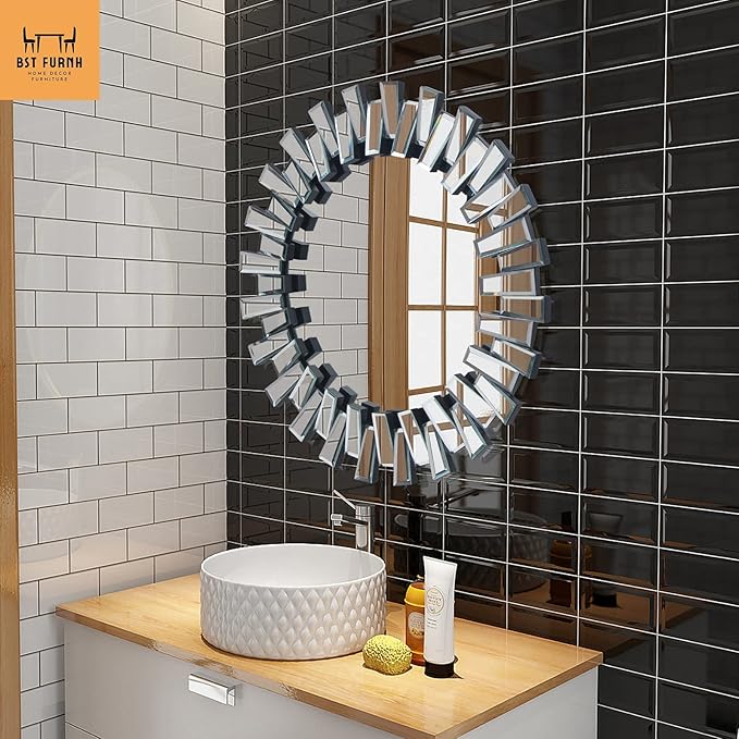 BST FURNH Round Mirror Wall Decor 24 Inches Decorative Wall Mirror with Irregular Framed and Beveled Edge Mirrors for Wall Silver Large Wall Mirror Frameless Mirrors