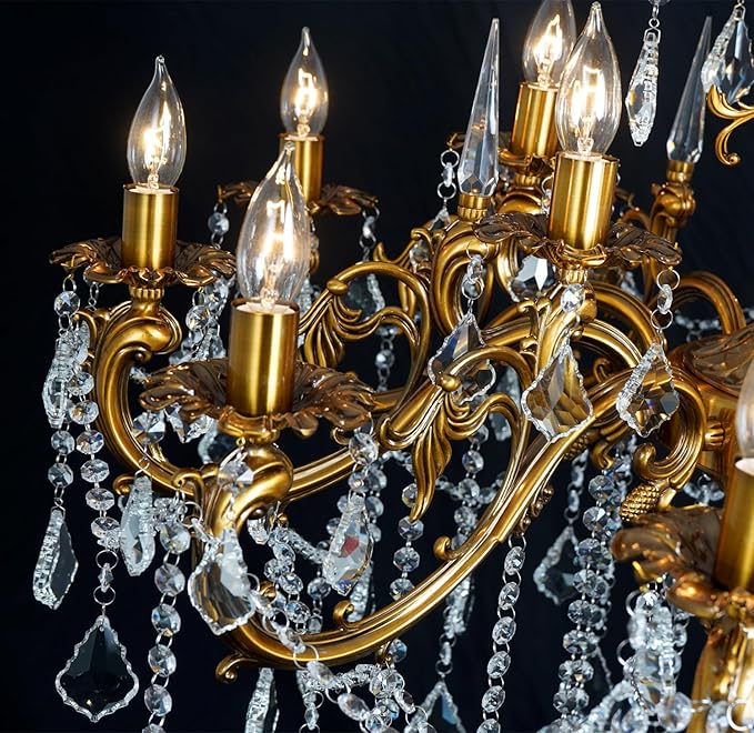 Modern Chandelier Lighting Antique Gold Crystal Chandeliers for High Ceiling Foyer Entryway Living Room 15-Light Crystal Candle Chandelier Light Fixture Staircase Oversize Round 36.4"