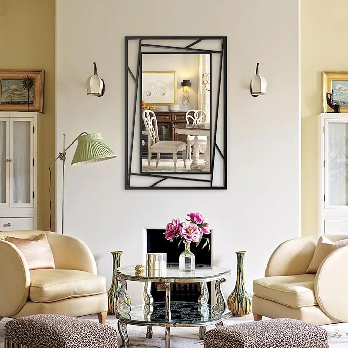 Black Bathroom Mirror 36''X24'' Rectangle Decorative Wall Mirrors with Geometric Metal Frame for Bathroom, Living Room, Bedroom, Entrance, Horizontal/Verticall, Easy to Install