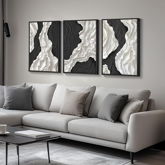 Large Framed Black and White Abstract Wall Art, 3 Piece Modern Canvas Prints Paintings Artwork for Walls, Minimalist Black White Wall Pictures for Living Room, Dining Room, Bedroom, Office Wall Decor