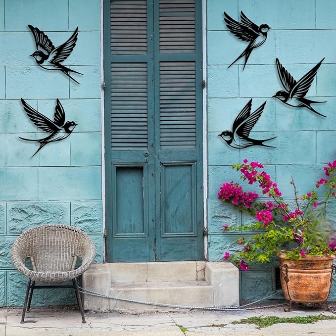 LIYOUYA 5 Pieces Metal Bird Wall Decor - Rustic Farmhouse Room Decor Simple Bird Flock Black Wall Art Home Decor for Living Room, Bedroom, Dining Room, Farmhouse (Black)