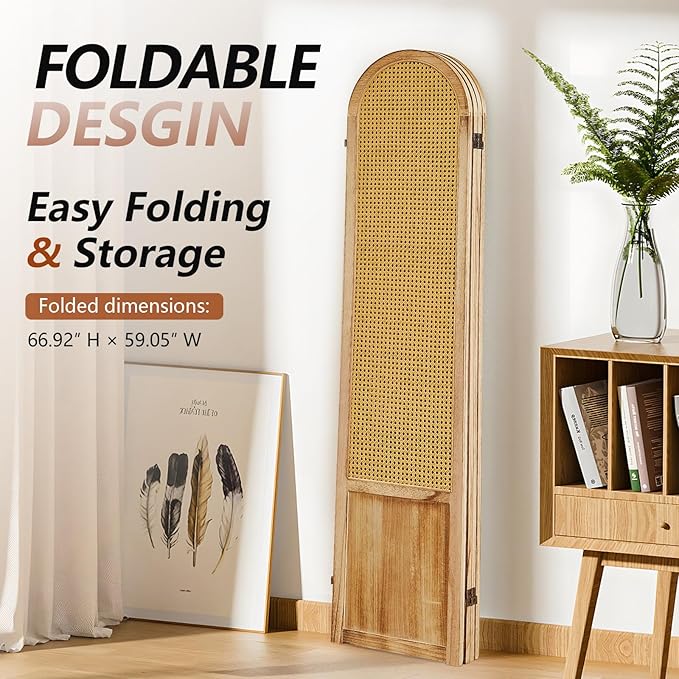 4 Panel Room Divider and Folding Privacy Screen, 5.6 Ft Foldable Double Hinged Rattan Partition, Hand-Woven Rattan Room Divider Portable Wood Freestanding Wall Divider for Room Separation - Natural