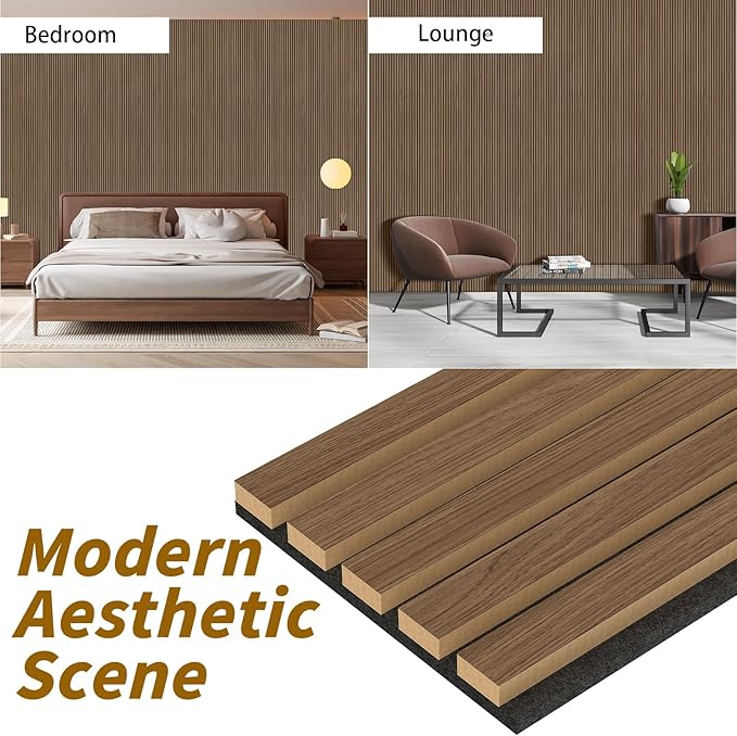 4-Piece Acoustic Wood Wall Panels for Wall and Ceiling, 3D Fluted Soundproof Wood Slat Wall Panels for Interior Wall Decor, 94.5" x 7.9"-Walnut