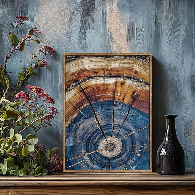 BingruiArt Framed Tree Ring Canvas Wall Art Abstract Wood Wall Decor Boho Modern Colorful Nature Painting Wood Stump Prints Pictures for Living Room Bedroom Bathroom Office 12"x16" Natural Framed(02)