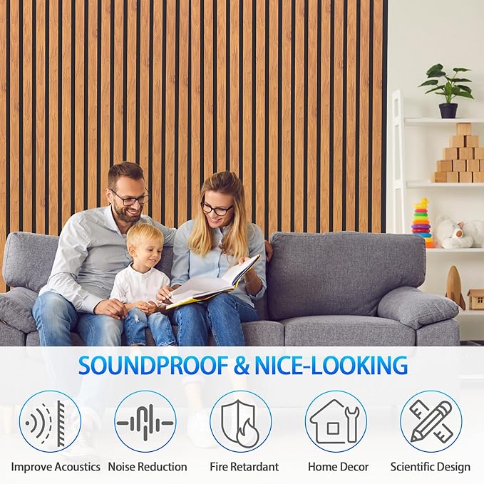 3D Slat Acoustic Wall Panels with Wood Finish Accent, 2 Pack Sound Absorbing Paneling for Studio, Office, Living Room, Bedroom Interior Decor (Natural Walnut, 48''L x 24''W)