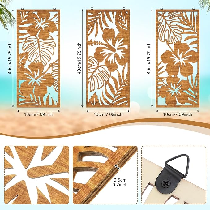 3 Pcs Tropical Wall Decor 3d Wooden Palm Leaf Wall Art Monstera Sculptures Wood Hibiscus Flowers Hanging Decor Vintage Plant Plaque for Home Bathroom 7.09 x 15.75 Inch(Classic Style)