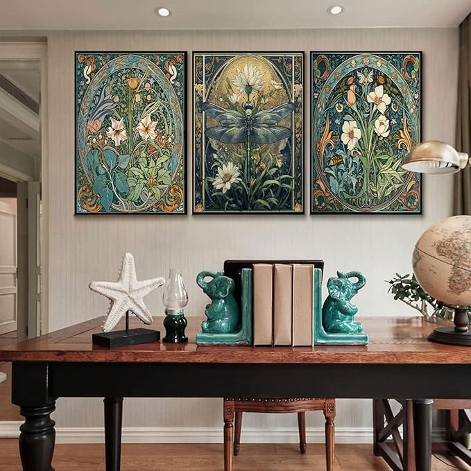 3Pcs Floral Dragonfly Canvas Wall Art Dark Flower Green Plant Decor painting Pictures Vintage White Lily Daisy Posters Prints for Living room Bathroom Bedroom Office Hallway Home Decoration Unframed