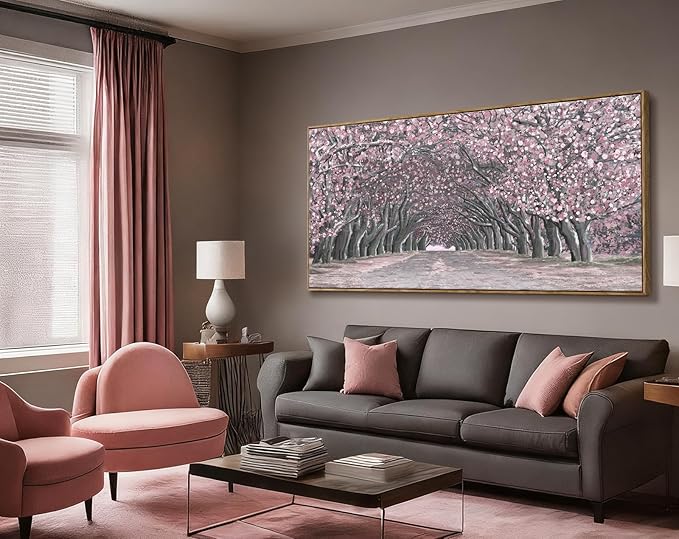 Nicetop Big Framed Canvas Wall Art for Living Room – Large Pink Abstract Floral Canvas Print Cherry Blossom Tree Tunnel Artwork – Oversized Spring Landscape Picture Bedroom Girls Women Decor 58x29Inch