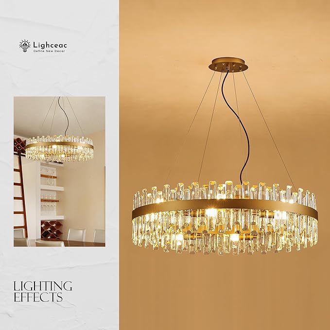 31.9" Gold Modern Crystal Chandelier Light Fixtures Luxury 2 Rings Crystal Chandeliers for Dining Room 16-Light Round Hanging Pendant Lighting for Living Room Kitchen Island Entryway Bedroom