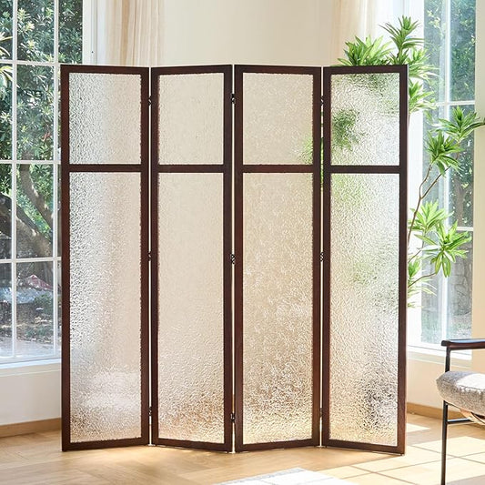 Acrylic Room Divider, 4-Panel Freestanding Partition Screen, Frosted Translucent Privacy Panel - Lightweight Modern Divider for Home Office Studio (Walnut, 4 Panels)