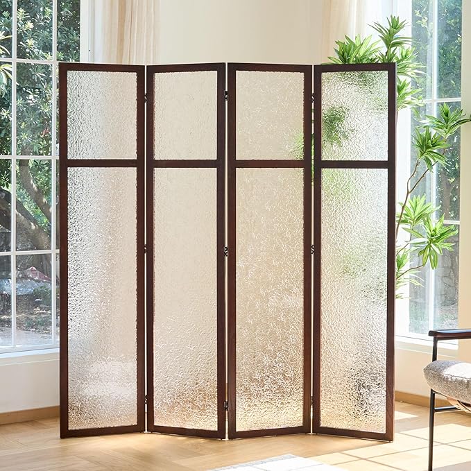 4 Panel Acrylic Room Divider Privacy Screen - Freestanding Frosted Translucent Partition, Lightweight Modern for Home Office Studio (Walnut, 4 Panels)