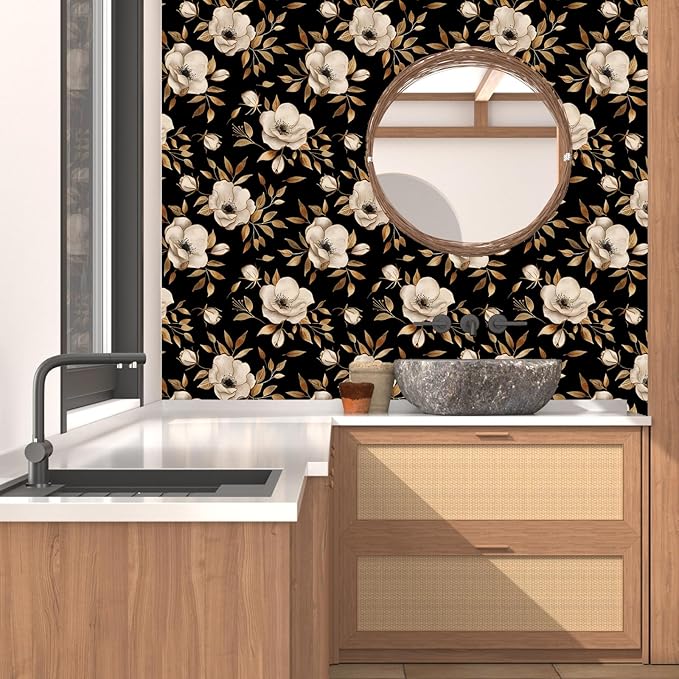 Black Floral Peel and Stick Wallpaper Gold Flowers Contact Paper Self-Adhesive Waterproof Vintage Dark Floral Wall Paper for Bedroom Shelf Liner Cabinet Stair 17.5"x118"
