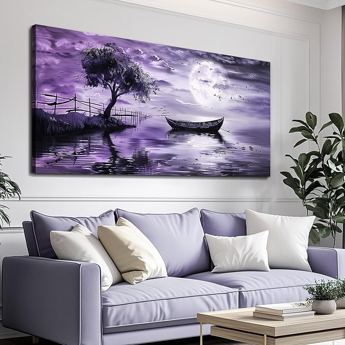 KELIYUAN Canvas Wall Art For Living Room Large Wall Decor For Bedroom Office Decoration Landscape Pictures Modern Purple Lake View Wall Painting Artwork Hotel Room Ready To Hang Home Decor 24x48 In