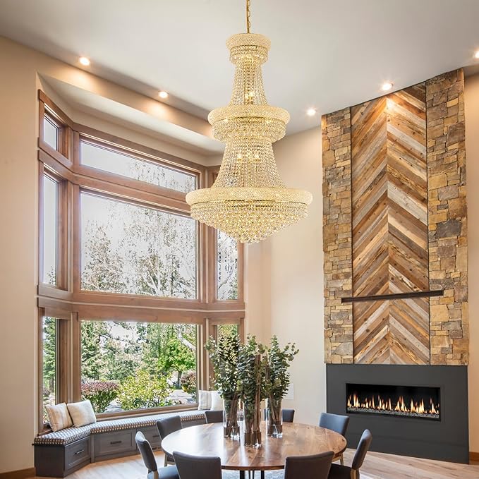 31 Lights Gold Finish Large Empire Crystal Chandelier - Three-Tier, High Ceiling Chandelier Light fixtures for Foyer Staircase Living Room Entryway (Dia 32'')