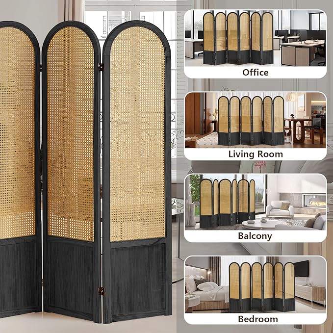 6 Panel Rattan Room Divier, Room Divider Panel and Folding Privacy Screens, Room Divider Wall, Solid Wood Frame, Partition Room Dividers, Bedroom, Lounge, Black