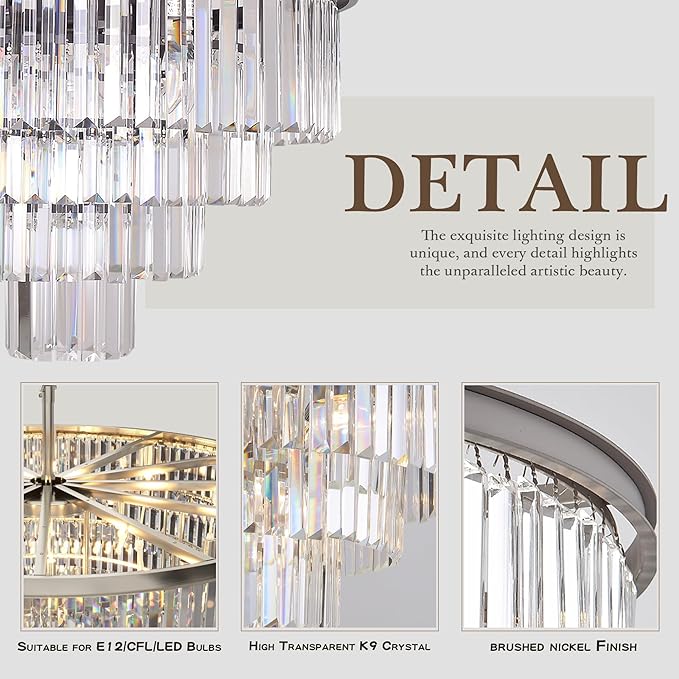 5 Lights Crystal Modern Nickel Chandeliers Pendant Ceiling Light 4-Tier Chandelier Lighting for Dining Room Living Room Bedroom Entryway