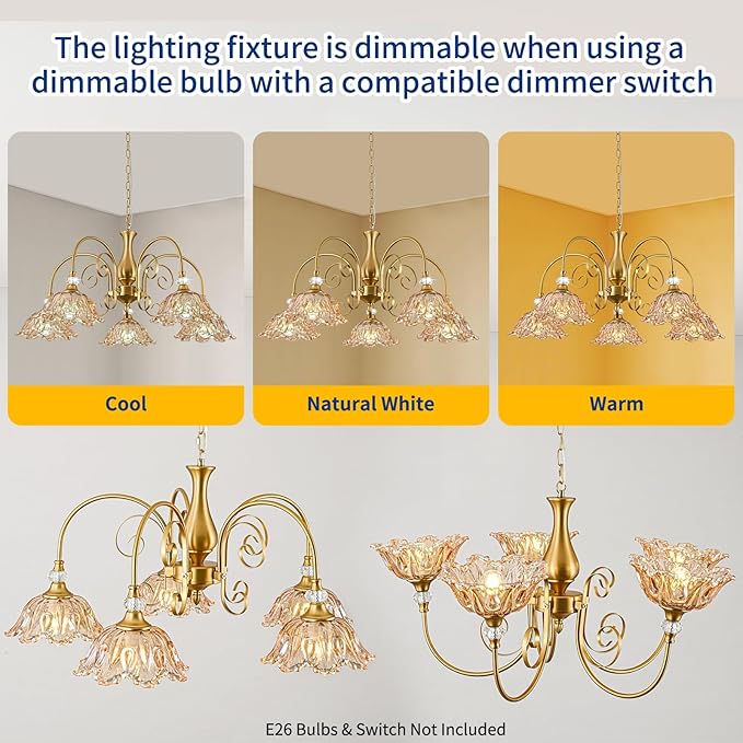 5-Light Vintage Chandeliers in Matte Brass Finish with Amber Glass Shades, Retro Chandelier Light for Dining Room,Hallway,Kitchen