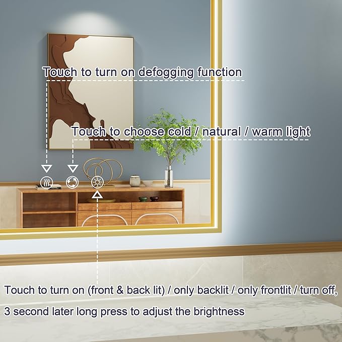 24x36 Inch Gold LED Bathroom Mirror with Front and Back Lighting, 3 Color Temp, Dimmable, Anti-Fog, Aluminum Frame Wall Mounted Lighted Bathroom Vanity Mirror