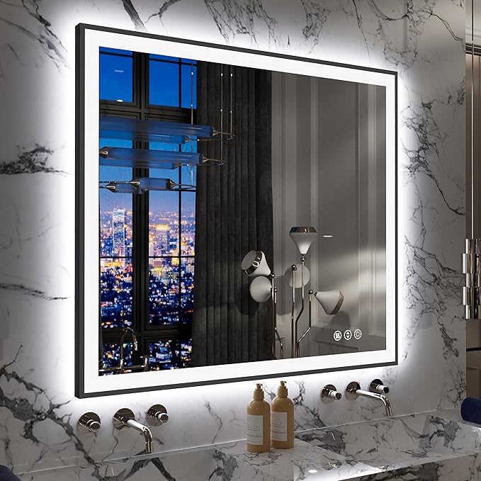 LED Bathroom Mirror 40x36 with Backlit and Front Lighted, Framed Dimmable Illuminated Mirror for Wall Anti-Fog Shatterproof (Horizontal/Vertical)