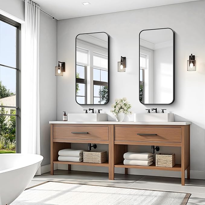 KOCUUY Black Bathroom Mirror, 20" x 40" Metal Frame Rectangle Mirror with Rounded Corner, Classic Design of Upgraded Shatterproof Glass for Bathroom, Bedroom, Living Room, Entryway