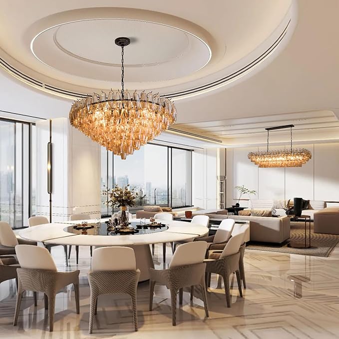 Modern Round Chandelier, 37" Extra Large Black Chandeliers for Dining Room, 14-Light with Tiered Smoke Glass Tubes Ceiling Light, Pendant Lighting Fixture for Living Room Bedroom Kitchen Island