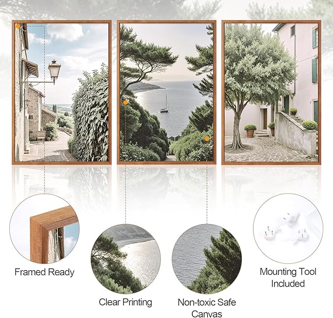 Aurlan Neutral Italy Cityscape Gallery Framed Wall Art(24"x36"), 3PCS Vintage Mediterranean Countryside Landscape Canvas Artwork, Large Town Coast Streets Travel Decor Prints for Office Home