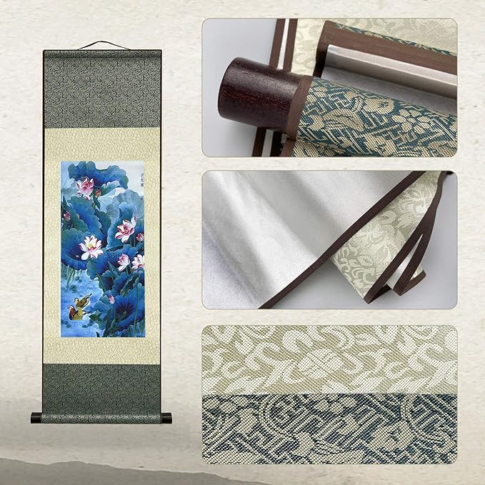 AtfArt Asian Wall Decor Beautiful Silk Scroll Painting Flowers - Lotus Chart Oriental Decor Chinese Art Wall Scroll Wall Hanging Painting Scroll (36.2 x 12 in)