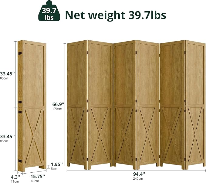 Cozy Castle Wood Room Divider, 6 Panels Folding Privacy Screen, 66.9'' Wall Divider, Barnwood Room Separator, Freestanding Partition, Temporary Wall for for Home Office Restaurant Decorative, Natural