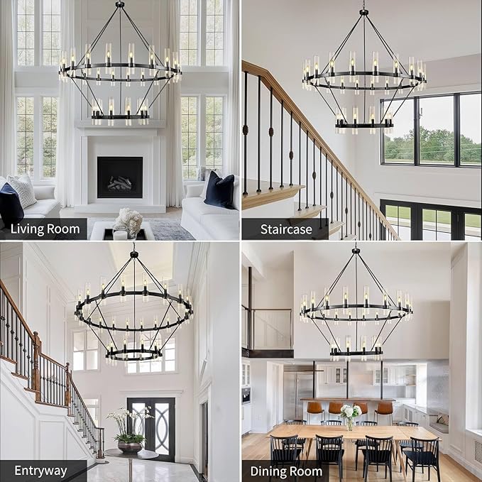 2 Tier Black Wagon Wheel Chandelier, 60 Inch Farmhouse Chandelier with Glass Tube, 30-Light Large Round Chandeliers for Dining Room, Living Room, Bedroom and Entryway