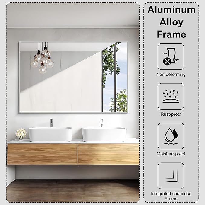 KOCUUY Silver Bathroom Mirror, 55"x36" Large Rectangle Bathroom Mirror for Wall, HD Tempered Glass, Anti-Rust Brushed Silver Frame, Modern Design for Bathroom, Bedroom, Hang Horizontal/Vertical