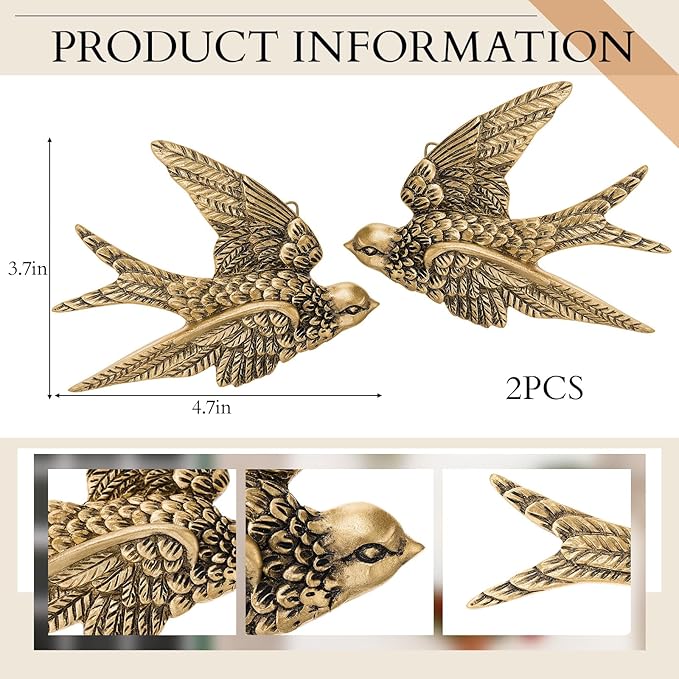 2 Pcs Vintage Bird Wall Sculpture Decor Art 4.7 Inch Antique 3D Sculpted Hanging Bird Resin Wall Art Golden Brass Rustic Floating Ornament for Living Room Garden Indoor Outdoor, Gift for Christmas
