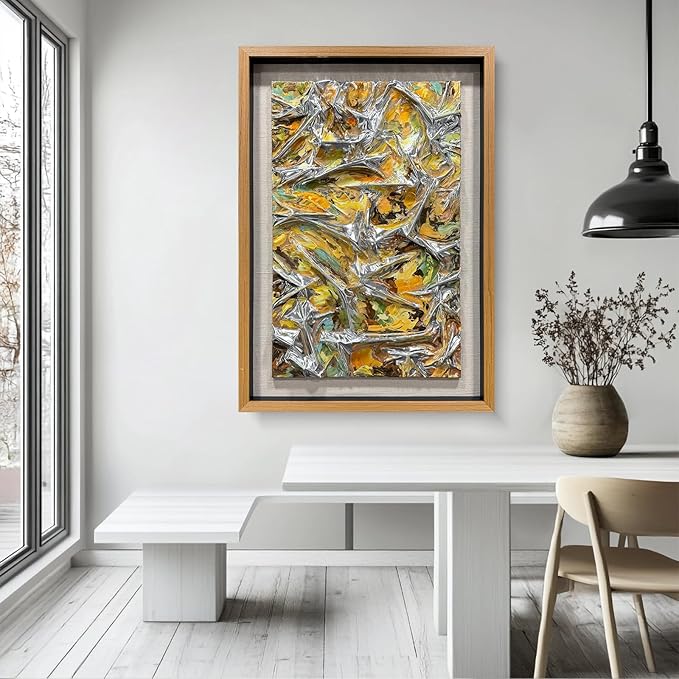 BrightA Textured silver leather abstract art - vibrant spray-painted fluid colors (yellow/orange/green) with solid wood frames, modern wall sculptures, contemporary living room 27.5"x 39.4"