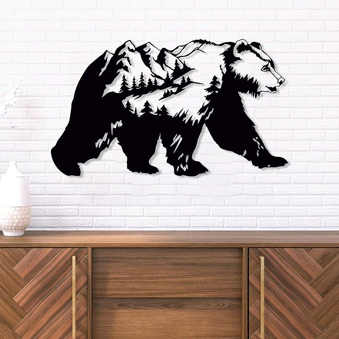 Bear Pine Tree and Mountain Metal Wall Art, Huge Nature Theme Wall Hanging, Wilderness Wall Decor, Forest Decor for House Living Room Bedroom, Natural Scenery Wall Sign, Lodge Decor, Bear Lovers Gift