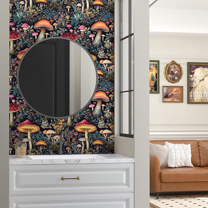 Mushroom Wallpaper Peel and Stick Floral Contact Paper Vintage Wall Paper for Chest of Drawers TV Stand Bookcase Removable Waterproof Dark Black 17.5 x 78.5In