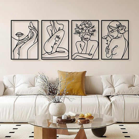 Bakovity Black Metal Wall Art, Abstract Flower Line Sculpture, Black Minimalist Modern Wall Decor for Living Room, Bedroom, Bathroom (4 Pieces, 22.5x15.7 Inches)